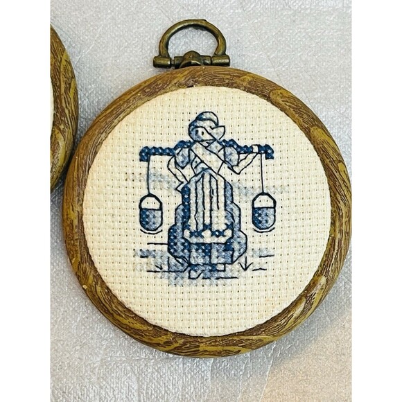 Vintage Dutch Cross Stitch Art Mini Framed Folk Scenes Blue Embroidery Set of 2 - Picture 3 of 7